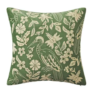Dark green velvet throw pillow cover featuring elegant daisy and bird embroidery