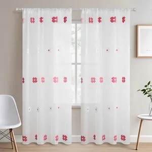Cortina Transparente Bordada de Flores Rojas Pastoral Americano Poliéster Blanco para Sala de Estar Dormitorio
