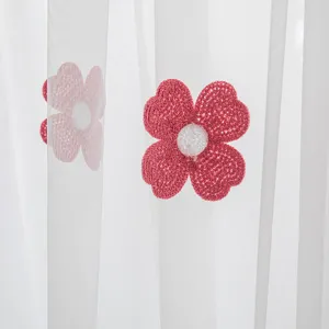Cortina visillo blanca de estilo pastoral con elegante bordado de flores rojas para salón
