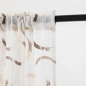 Elegant Wabi-sabi style white sheer curtain with brown circular prints on black rod