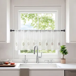 Cortinas de Café de Poliéster Blanco Con Bordado de Rosas y Encaje Florales Cortinas Cortas Para Separación de Gabinete de Cocina Cortinaje Translúcido