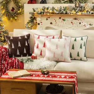 Christmas Tree Embroidered Pillowcase Linen Blend Decorative Throw Pillow Cover With Velvet Piping For Sofa Living Room Home Decor
