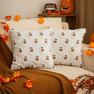 Halloween Cute Ghost Plush Pillow Case White Heart Ghost Embroidered Throw Pillow Cover For Sofa Living Room Home Decor