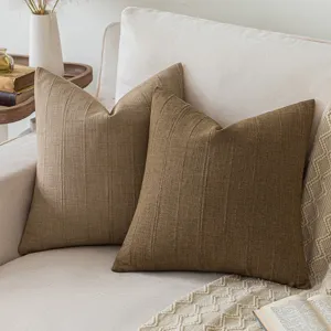 Pair of brown minimalist linen striped throw pillow covers for a Japandi style sofa decor