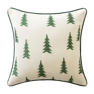 Elegant Christmas tree embroidered throw pillow cover with dark green decorative piping