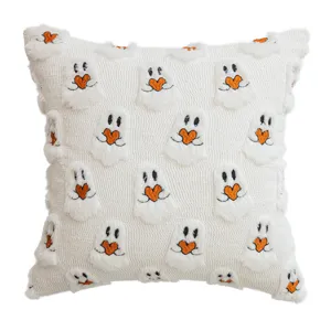 Cute Halloween ghost plush throw pillow with orange hearts for holiday home decor