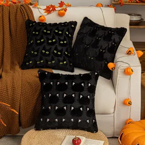 Lot de housses de coussin en peluche chat noir brodées Halloween pour déco de salon