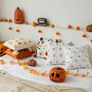 Funda de Almohada de Felpa de Fantasma de Calabaza de Halloween Funda de Cojín Bordada Para Sofá Decoración del Hogar Fiesta Vacaciones