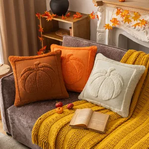 Halloween Pumpkin Maple Leaf Plush Pillowcase 3D Embroidery Soft Decorative Cushion Cover For Sofa Living Room Autumn Home Decor
