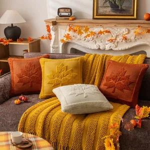 Autumn maple leaf embroidered plush cushion covers set for sofa living room decor