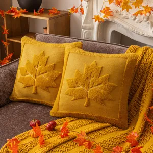 Mustard yellow plush pillowcase with 3D maple leaf design for autumn home decor