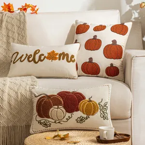Herbst Samt Kürbis Stickerei Kissenbezug Nordischer Stil Chenille Tufting Kissenhülle Für Sofa Dekor Welcome Kürbis