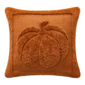 Soft orange Halloween pumpkin plush throw pillow cover for cozy seasonal sofa decor