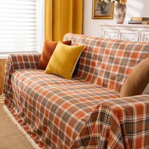 Copridivano Plaid American Retro Con Nappine Autunno Arancio Rosso Ruggine Quadri Antiscivolo Protezione Mobili Coperta