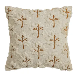 Autumn style cream maple leaf embroidered plush throw pillow cover with 3D tufted details