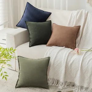 Funda de Almohada de Sofá de Algodón y Lino Minimalista Moderna Color Sólido Funda de Cojín Decorativa con Borde de Brida para Sala