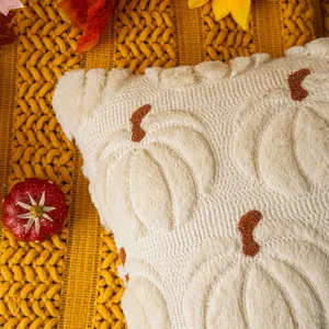 Cozy plush white pumpkin embroidered pillow cover for autumn and Halloween decor