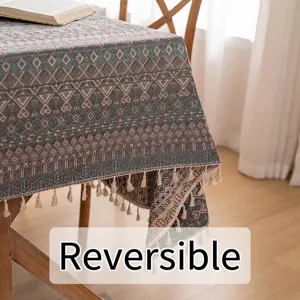 Bohemian jacquard tablecloth with geometric patterns and tassels, reversible design
