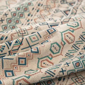 Bohemian jacquard tablecloth with ethnic geometric patterns and rich texture detail.