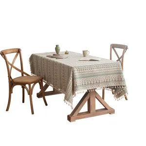 Bohemian rectangular jacquard tablecloth with geometric patterns and elegant tassel fringe