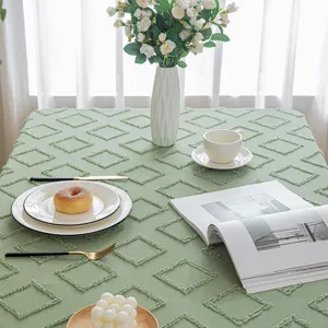 Light green rectangular tablecloth with 3D geometric fringed diamond pattern