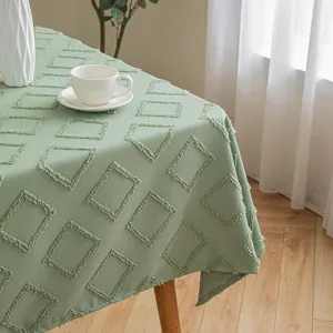 Sage green rectangular tablecloth with elegant 3D geometric tufted pattern design