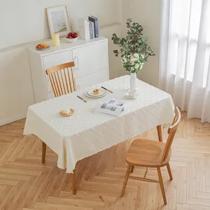 Minimalist cream white rectangular tablecloth with textured geometric pattern