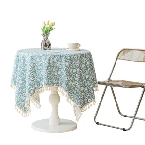 Floral tablecloth with tassel fringe for rustic dining table home decor and tea parties