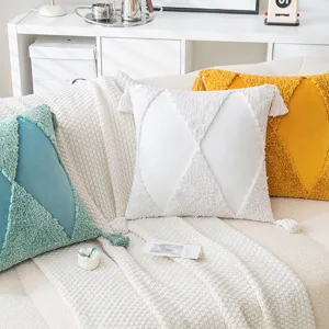 Funda de Almohada de Terciopelo con Mechones Modernos con Borlas Funda de Cojín Decorativa Geométrica Para Sofá Sala de Estar Dormitorio