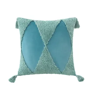 Funda de cojín de terciopelo azul verdoso con borlas, accesorio decorativo moderno