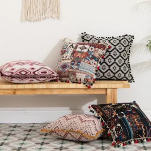 Vintage Moroccan style decorative throw pillow covers with tassels and pom poms for sofa decor