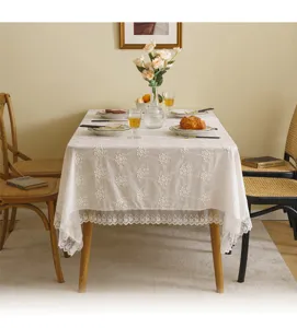 Elegant white lace tablecloth with 3D floral embroidery in a French dining scene