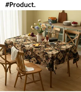 Floral jacquard rectangular tablecloth in a cozy American retro dining setting