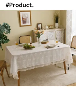 Elegant white lace tablecloth with 3D floral embroidery for rectangular dining tables