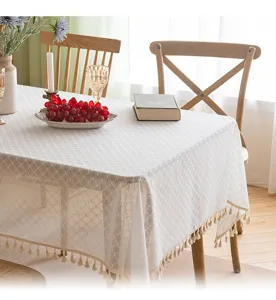 Detail view of elegant French white lace tablecloth with hollow patterns and tassel fringe