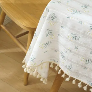 French Pastoral Cotton Linen Tablecloth With Tassel Edge Embroidered Small Daisy Pattern Rectangular Dustproof Decorative Table Cover