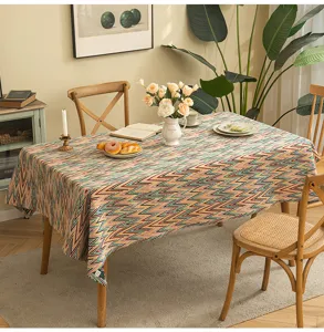 Boho zigzag jacquard rectangular tablecloth styled with dining tableware and flowers