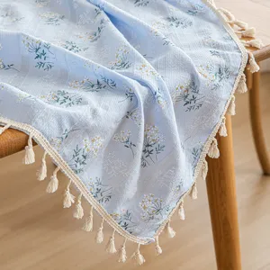 French pastoral style light blue cotton linen tablecloth with daisy floral patterns