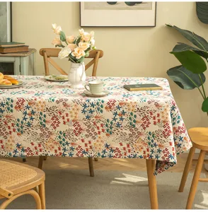 Detail view of American style floral jacquard rectangular tablecloth in dining room setting