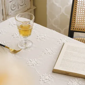 Elegant white lace tablecloth with 3D floral embroidery in vintage French style