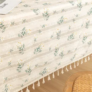 French pastoral cotton linen tablecloth with delicate daisy floral print and tassels