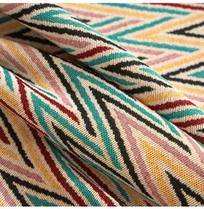 Close-up macro view of high-quality colorful jacquard woven fabric for tablecloths