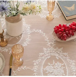 Vintage French floral lace tablecloth with elegant mesh texture and rose patterns