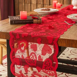 Valentinstag Roter Spitze Tischläufer Hohl Herz Muster Romantisch Tischdeko Für Jubiläum Hochzeit Polyester Spitze Tischtuch Für Esszimmer Party