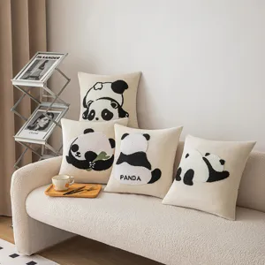 Cute embroidered panda throw pillows for sofa decoration in black and white minimalist style.