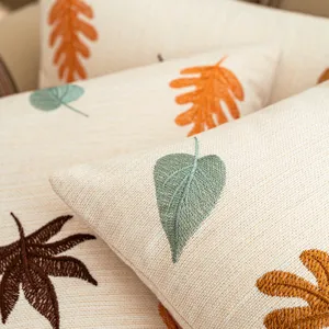 Autumn leaf embroidered pillowcase with detailed linen texture for sofa decor