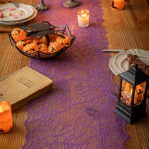 Elegant purple Halloween lace spiderweb table runner for festive holiday party decor