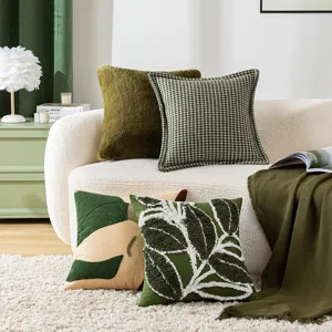 Housse de Coussin Décorative Verte Style Ins Nordique Motif Géométrique Pied-de-Poule Feuille Brodée pour Canapé Maison