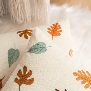 Autumn maple leaf embroidered cushion cover with linen texture for sofa decoration