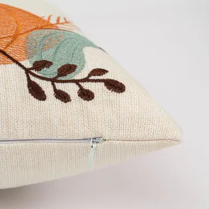 Autumn pumpkin embroidery throw pillow cover with invisible zipper and linen texture